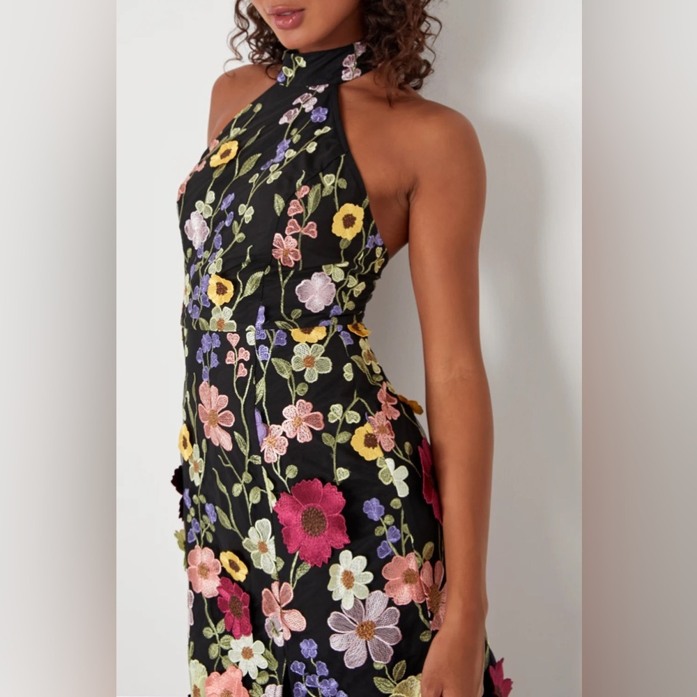 Women’s NWT Lulus Unique Impression Black 3D floral embroidered midi dress-Small - Picture 4 of 9